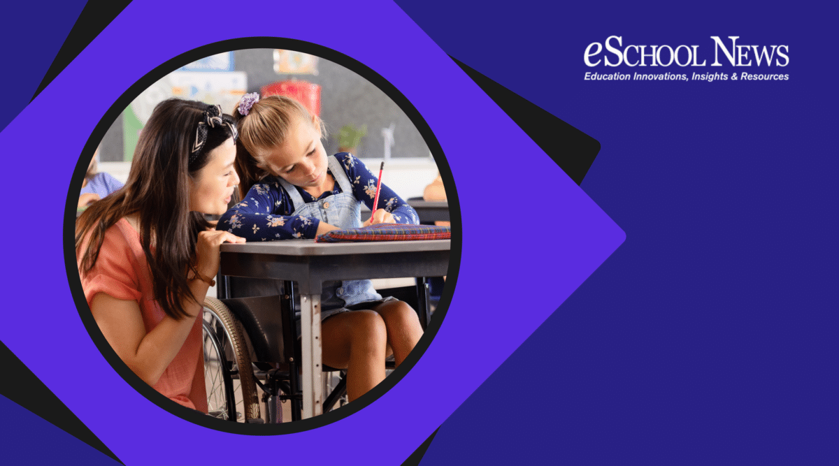 Female teacher next to young female student in wheelchair. eSchool News logo in top right.