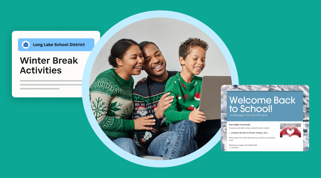 Family in holiday sweaters looking at ipad with updates from SchoolStatus Connect and Smore newsletters