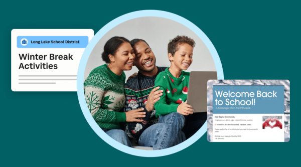 Family in holiday sweaters looking at ipad with updates from SchoolStatus Connect and Smore newsletters