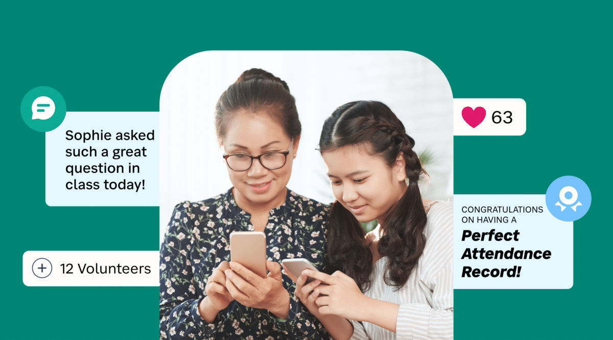 Mother and daughter reading messages on phone from teacher.