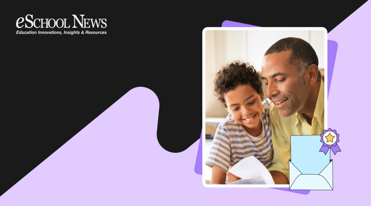 Father and son reading an attendance letter from SchoolStatus. eSchool News logo on top left.