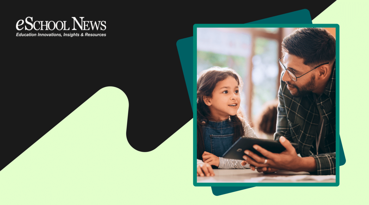 Male teacher with glasses holding a tablet and talking with an excited young female student. eSchool News logo on top left.