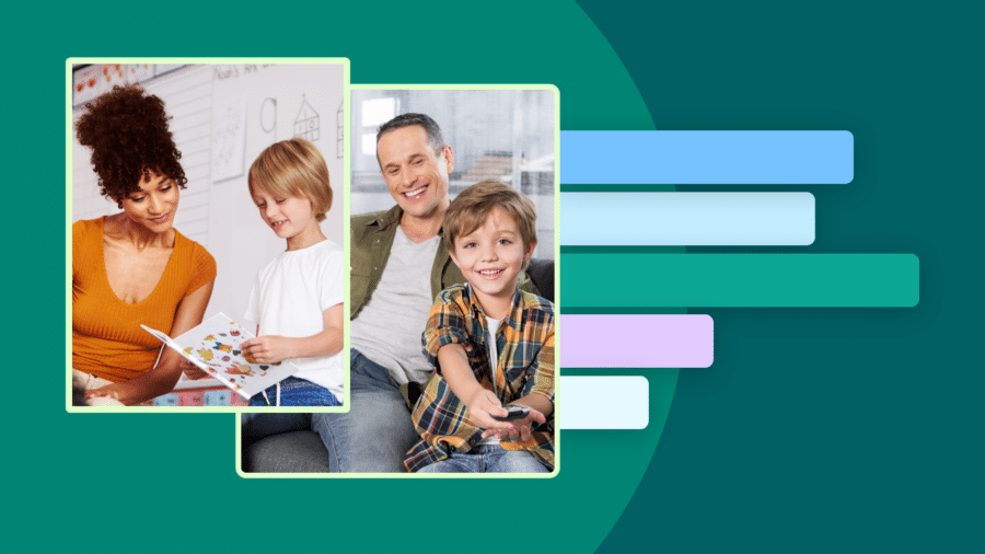 Female teacher with student and father with son next to graph graphic.