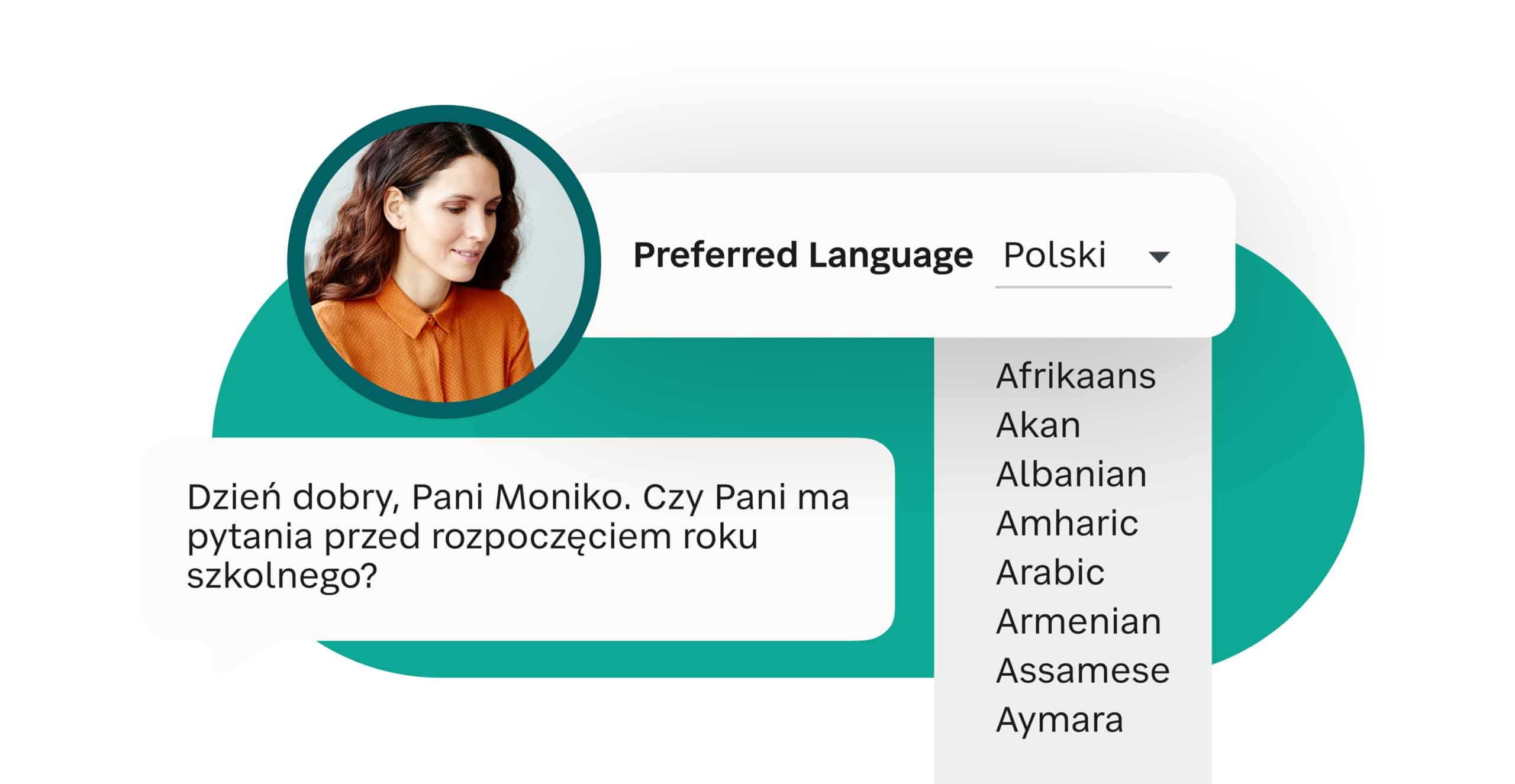 Woman choosing preferred language in SchoolStatus software.