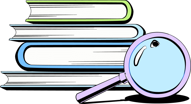 graphic of stack of books with magnifying glass