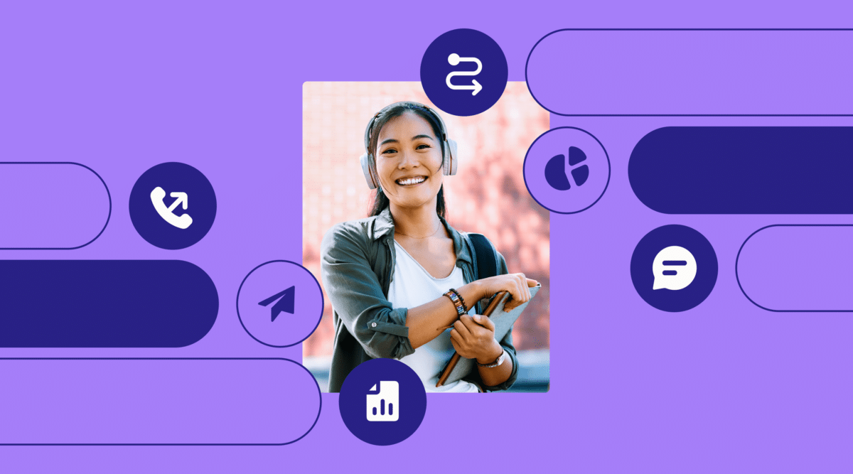 A high school student holding books and smiling in a school setting, surrounded by icons representing data insights, communication, and analytics on a purple background.