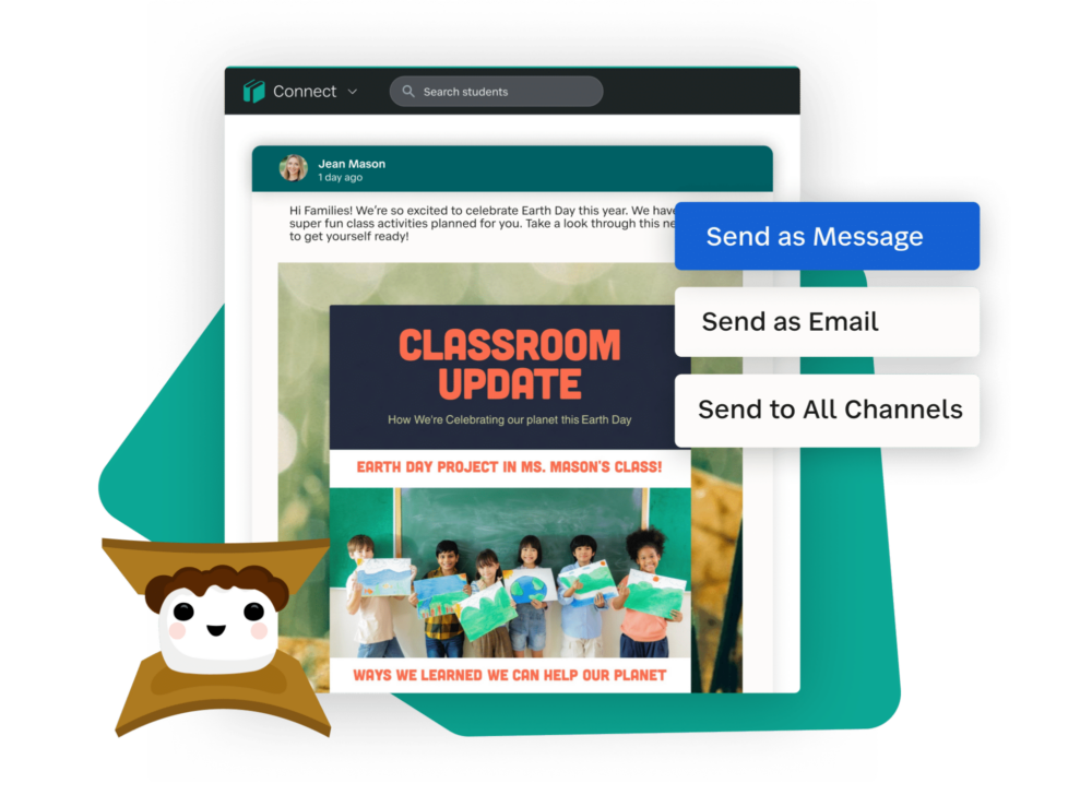 Classroom update showing communication tools for sending messages, emails, or multi-channel updates to families.