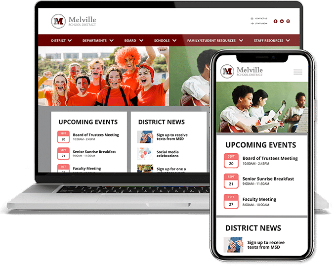 Responsive school district website and mobile app displaying upcoming events and district news.