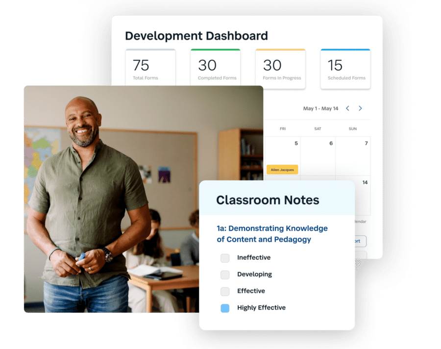 Development dashboard displaying progress tracking and classroom observation notes for educator effectiveness.