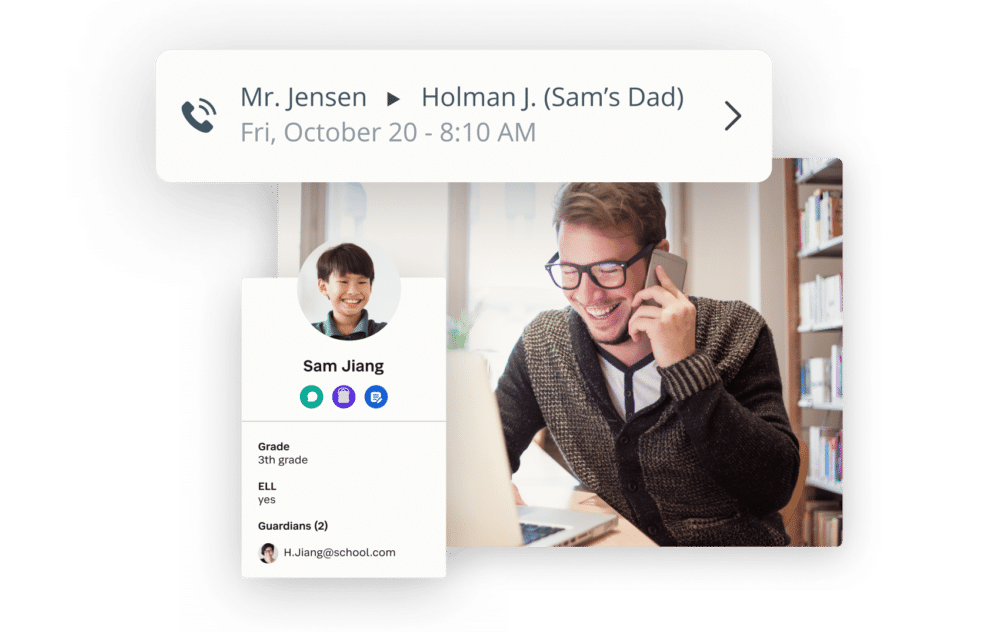 Teacher speaking with a parent on the phone, showing student profile details for better communication.