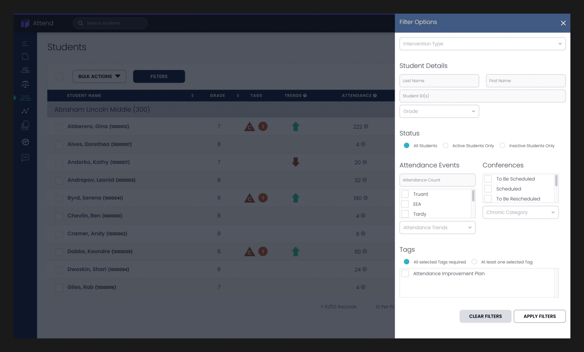 SchoolStatus Attend dashboard showing filtering options for students