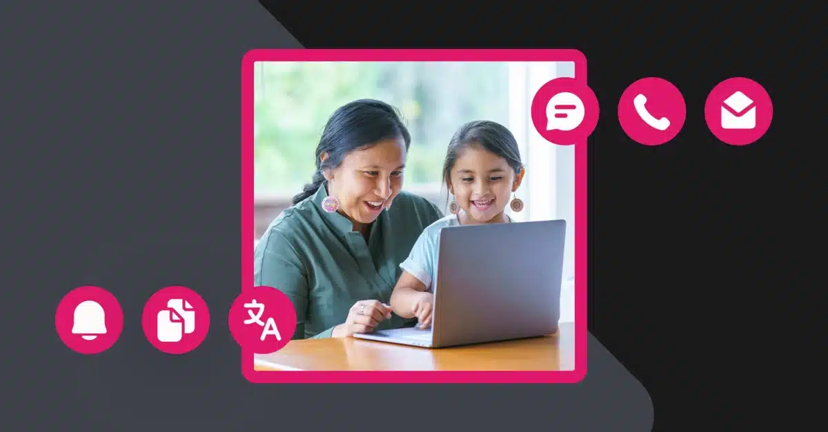 mother and daughter read a school newsletter on a laptop