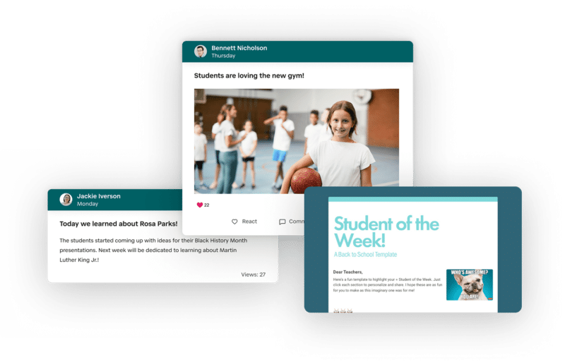 Screens showing multiple types of school communications including email, school newsletters, and a classroom feed